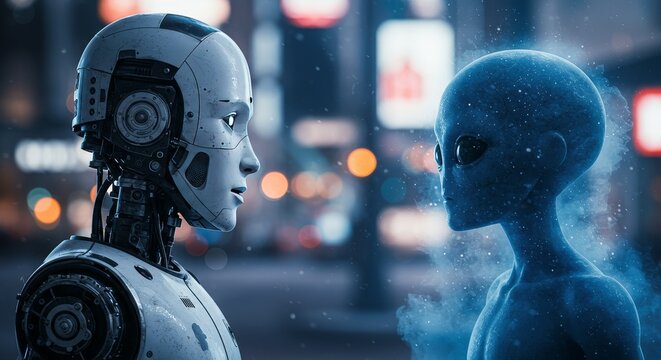 AI Robot vs Alien, AI, Robots and androids. AI Taking over the world, the concept of confrontation between humanity and artificial intelligence, alien invasion