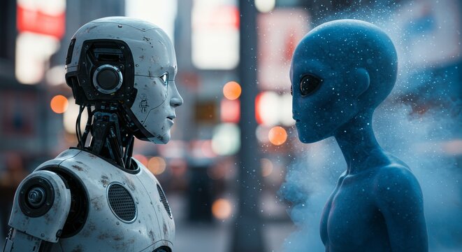 AI Robot vs Alien, AI, Robots and androids. AI Taking over the world, the concept of confrontation between humanity and artificial intelligence, alien invasion
