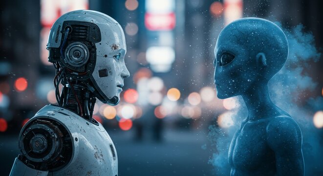 AI Robot vs Alien, AI, Robots and androids. AI Taking over the world, the concept of confrontation between humanity and artificial intelligence, alien invasion