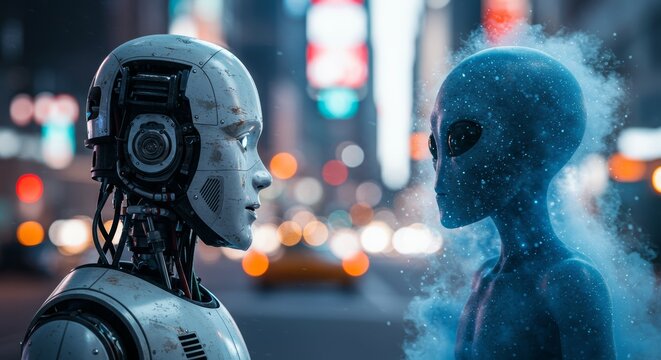AI Robot vs Alien, AI, Robots and androids. AI Taking over the world, the concept of confrontation between humanity and artificial intelligence, alien invasion