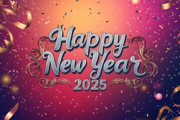 An artistic greeting with the text "Happy New Year 2025" featuring golden elements, confetti, and a vibrant gradient background.