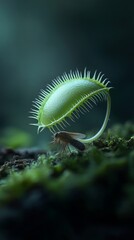 A captivating close-up of a green Venus flytrap with a small insect beneath its open trap, showcasing nature's intricate details.