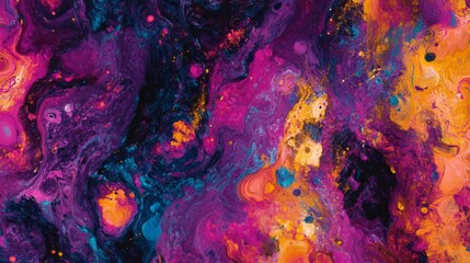 Abstract vibrant purple, orange, and blue paint swirls.