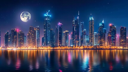 Fototapeta premium Nighttime Cityscape Illuminated Skyscrapers Under Full Moon