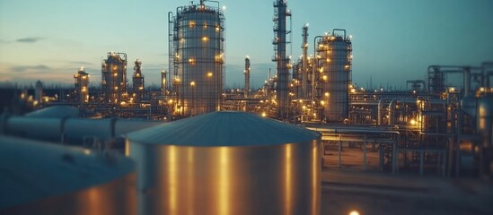 Naklejka premium Illuminated refinery at twilight, featuring large tanks and industrial structures.