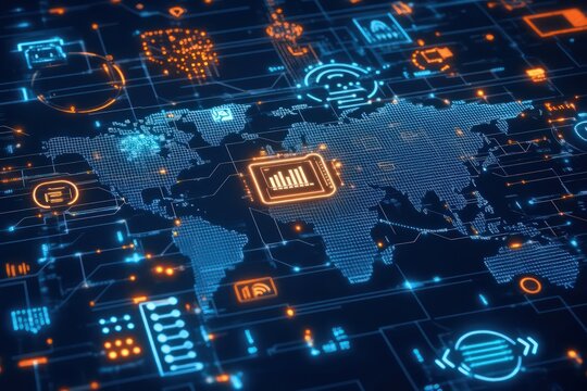 A digital world map with interconnected IoT nodes, AI icons, and business growth indicators, symbolizing the global adoption of technology in the digital age.