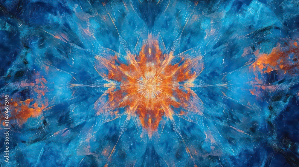 Poster abstract fractal art with vibrant blue and orange hues forming a symmetrical, star-like pattern.