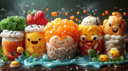 Obraz premium Adorable cartoon sushi, playful food art.