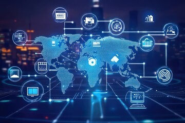A digital world map with interconnected IoT nodes, AI icons, and business growth indicators, symbolizing the global adoption of technology in the digital age.