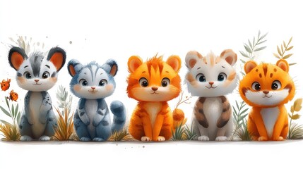 Naklejka premium Five adorable cartoon kittens, grass, white background.