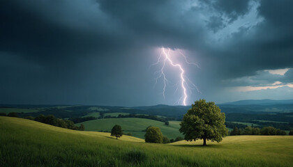Stormy landscape with lightning striking a tree on a green hill
