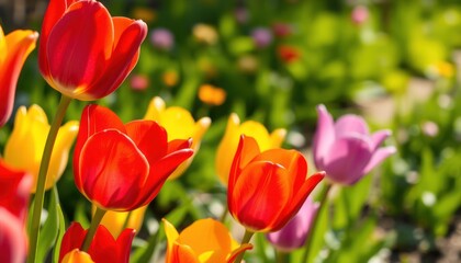 Fototapeta premium A vibrant display of tulips in various colors, showcasing spring beauty in a garden setting.