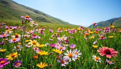 Fototapeta premium A vibrant field of colorful wildflowers under a clear blue sky.