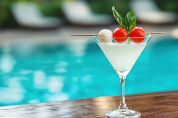 Refreshing Cocktail with Cherry Tomatoes and Basil by Poolside
