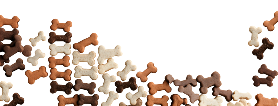Bone shaped dog treats pet food biscuits scattered flat lay composition top view on transparent background cutout, PNG. Mockup template for artwork. Wallpaper banner border	
 - Powered by Adobe