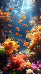 Obraz premium A vibrant underwater scene showcasing an array of coral formations and a school of golden fish swimming gracefully through the colorful marine landscape.