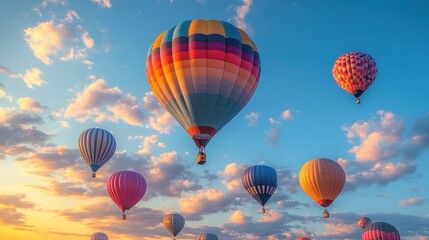 Obraz premium Colorful hot air balloons ascend, sunset sky.
