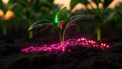 Vibrant plant growth with glowing roots in soil.