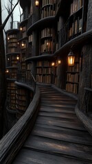 Fototapeta premium Enchanting library pathways winding through towering bookshelves in a mystical, forested setting.