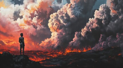 Fototapeta premium A lone child stands on a volcanic landscape, gazing at a fiery, cloudy sky.