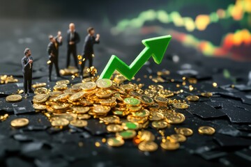 A dramatic recession scenario with a falling green arrow, and businessmen anxiously watching as gold coins descend from it, representing the impact of economic challenges.