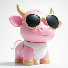 Fototapeta premium Cute pink cow toy model with sunglasses on white background playful figure pastel environment