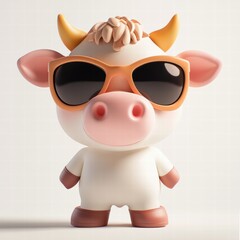 Fototapeta premium Cute toy model cow with sunglasses on white background playful figure pastel style