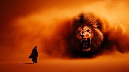 A figure stands before a massive roaring lion in a desert.