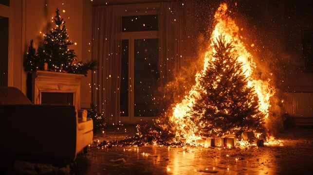 A Christmas tree engulfed in flames, burning in a living room with presents scattered on the floor. The fire is a cautionary tale about the dangers of Christmas tree safety.