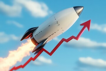 Fototapeta premium A dynamic 3D retro rocket launching towards the sky, passing by a red statistic arrow that symbolizes upward trends or business growth, against a bright, clean blue background.