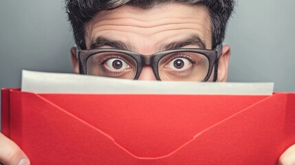 A close-up of a person's face, with one eye looking from behind a book, hiding their surprised look