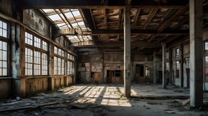 A derelict warehouse with twisted walls and crooked beams, creating a surreal, distorted effect.
