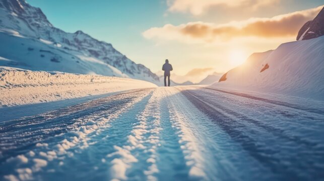 Solitary figure walking on a snow-covered road during a scenic sunset in a mountainous region. - Powered by Adobe