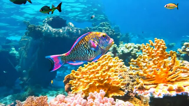 Vibrant tropical fish swimming among stunning coral in the Great Barrier Reef, Great Barrier Coral Reef with tropical wildlife nature Australia travel
