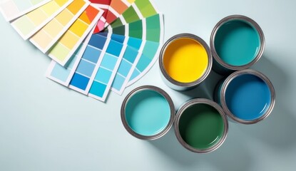 High angle perspective, top view of open paint cans