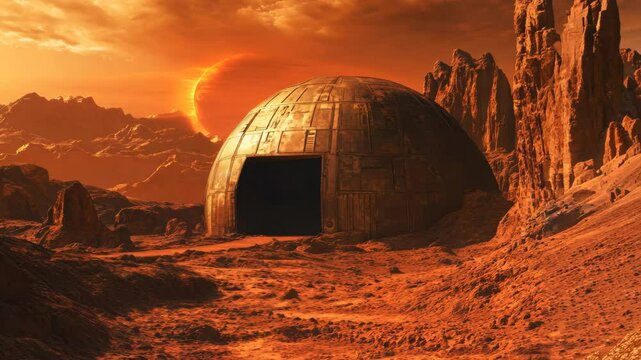 Exploring an extraterrestrial bunker on Mars during a stunning sunset with rocky terrain, a bunker on mars planet video background ing for live wallpaper