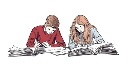 Two Students Studying Together With Open Books