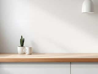 Minimalist interior, wooden shelf, white wall, small cactus plant