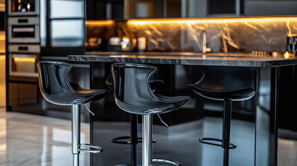 Modern Black Kitchen Island with Sleek Bar Stools and Marble Countertop