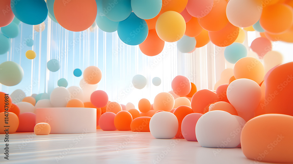 Poster a vibrant, colorful space filled with balloons in various sizes and shades, creating a playful and f