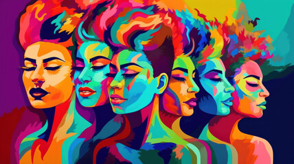 Fototapeta premium A vibrant, colorful illustration of diverse individuals with abstract, expressive faces and rainbow-colored elements set against an equally vivid background.