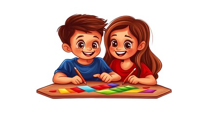 Happy Children Drawing Colorful Shapes Together