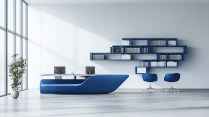 Naklejka premium Modern Blue Reception Desk with Integrated Bookshelves in Minimalist Office Interior