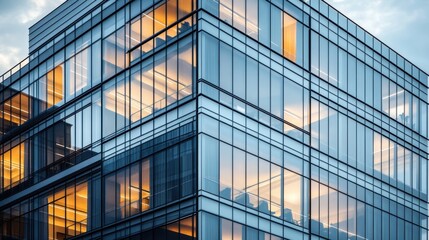 Modern glass office building at dusk.