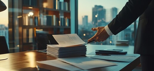 A business setting with documents and a city view, indicating professionalism.