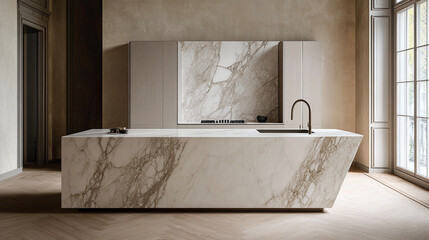 Luxurious Modern Kitchen Island with Marble Countertops and Integrated Sink