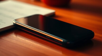 A modern smartphone rests on a rich mahogany wood desk next to a notepad, showcasing sleek design and technological elegance.