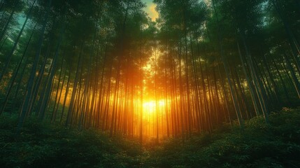 Golden sunset through dense bamboo forest.