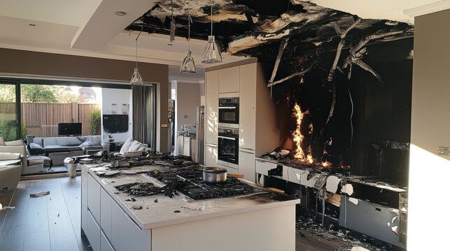 A kitchen with fire damage to the ceiling and countertops.