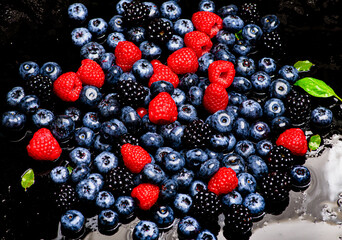 Berries background. Summer berries background. Blueberry, raspberry red currant and blackberry mix. Berry background. Fresh berry mix. Berries for berry background.